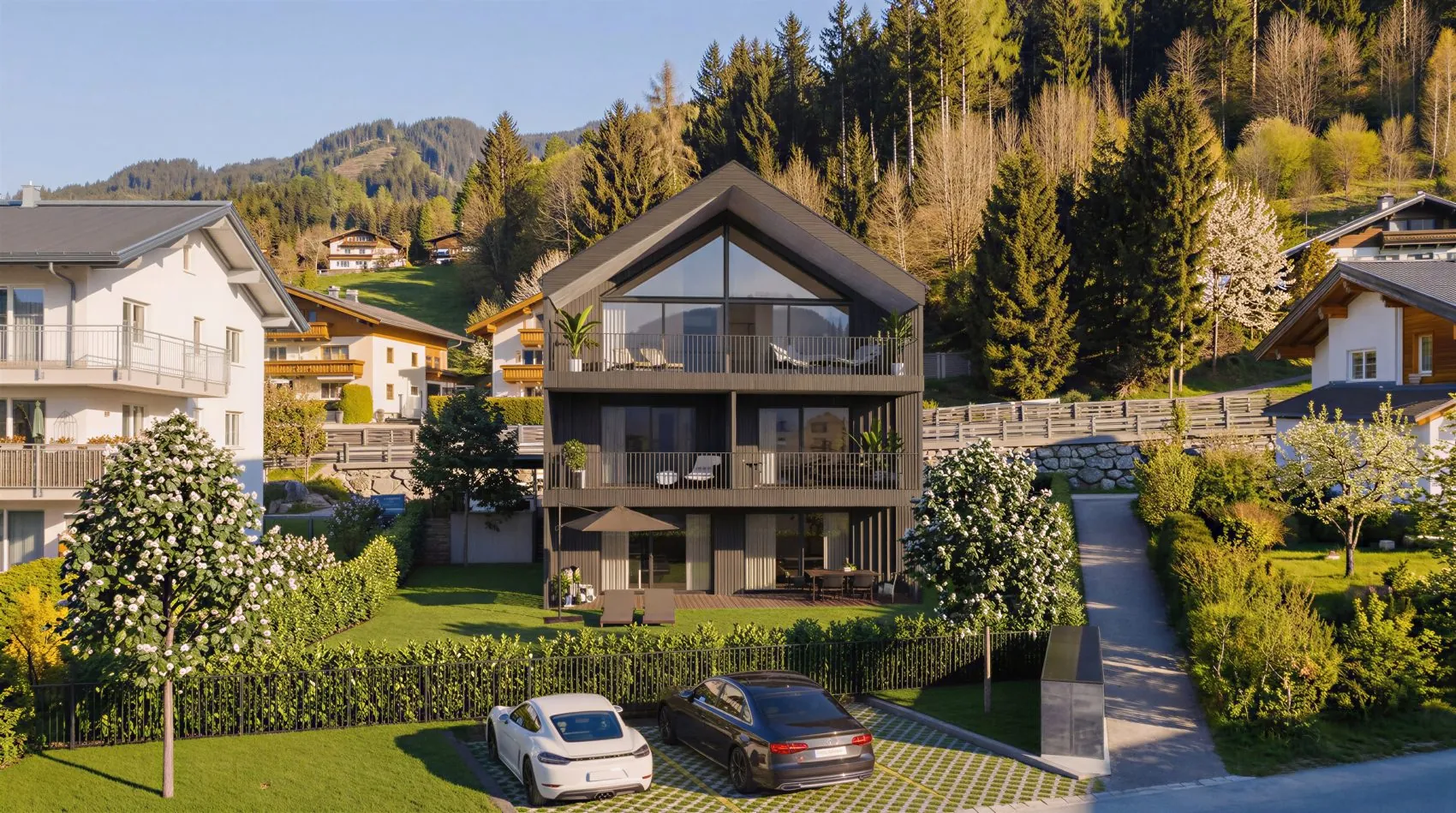 4-LIVING Bruckberg, Tagansicht der Front mit Bergpanorama