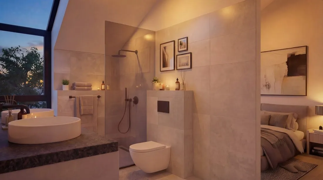 Badezimmer im Penthouse mit Feinsteinzeug