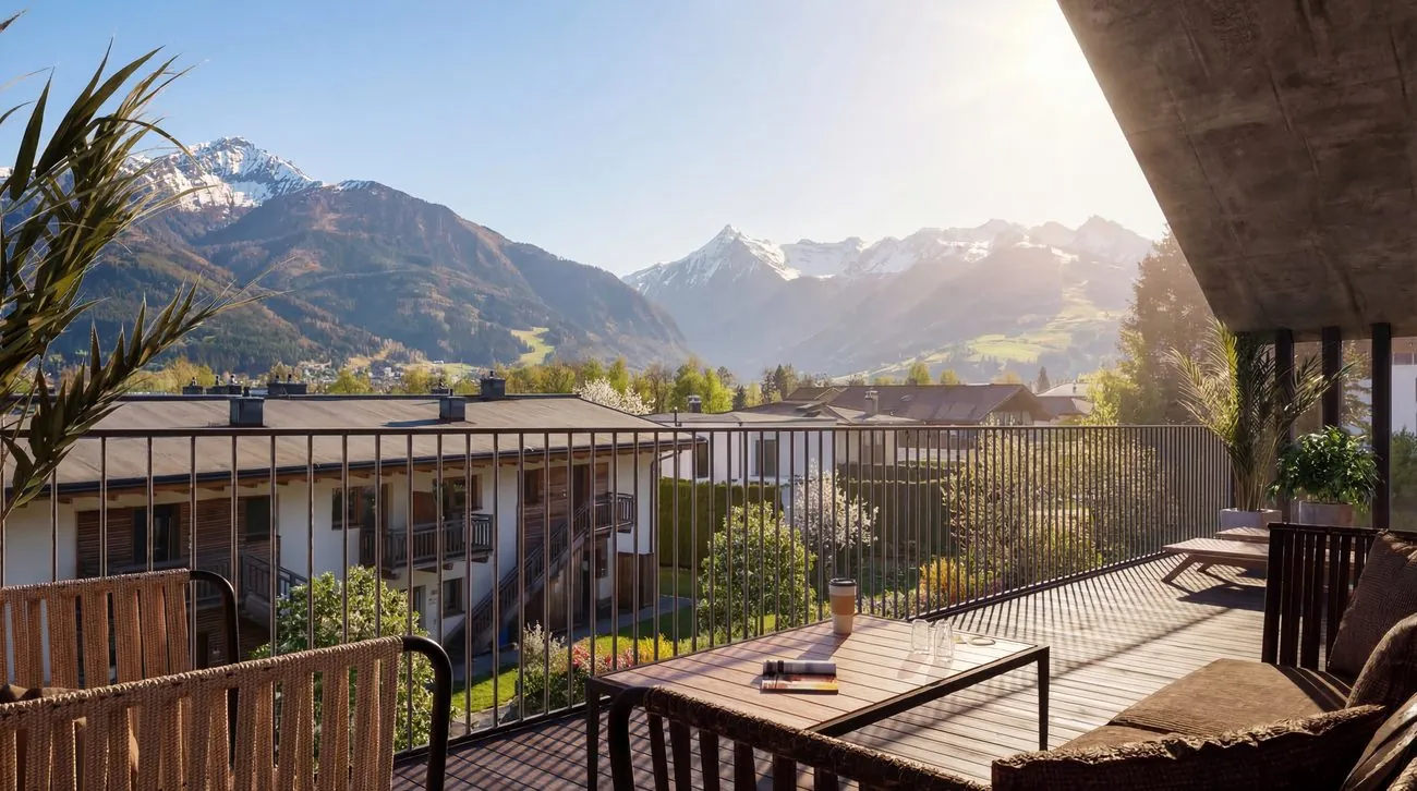 Dachterrasse im Sommer mit Panorama auf die Bergwelt
