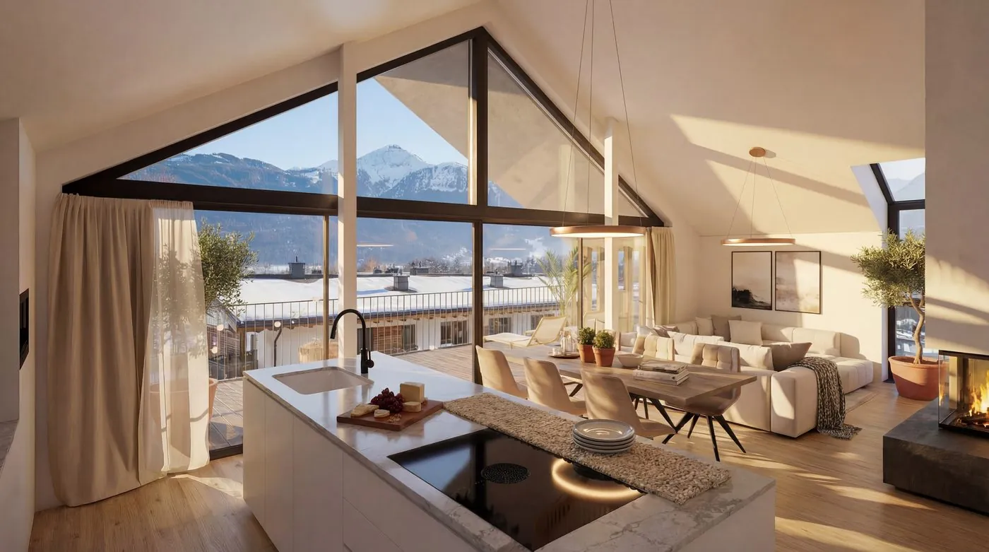 Penthouse-Wohnzimmer mit Giebelverglasung und Bergblick