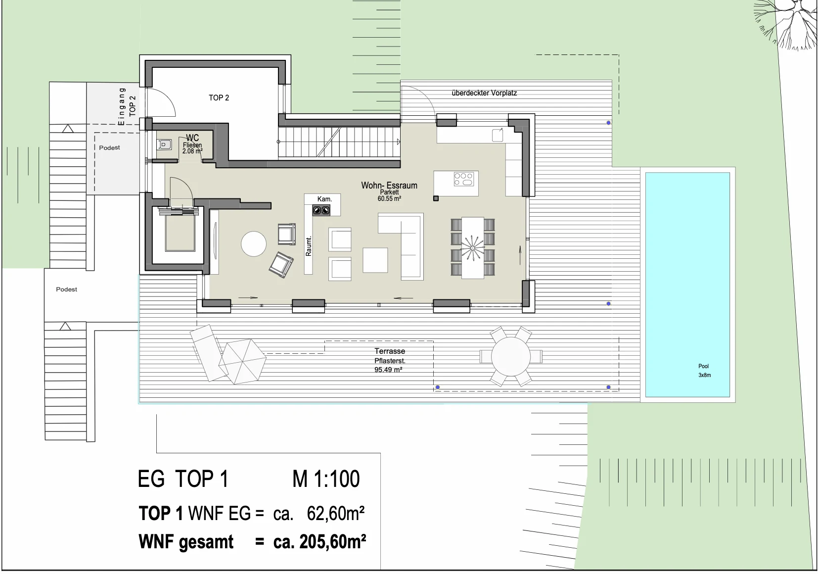 Grundriss Top 1, Gartenmaisonette, unteres Geschoss