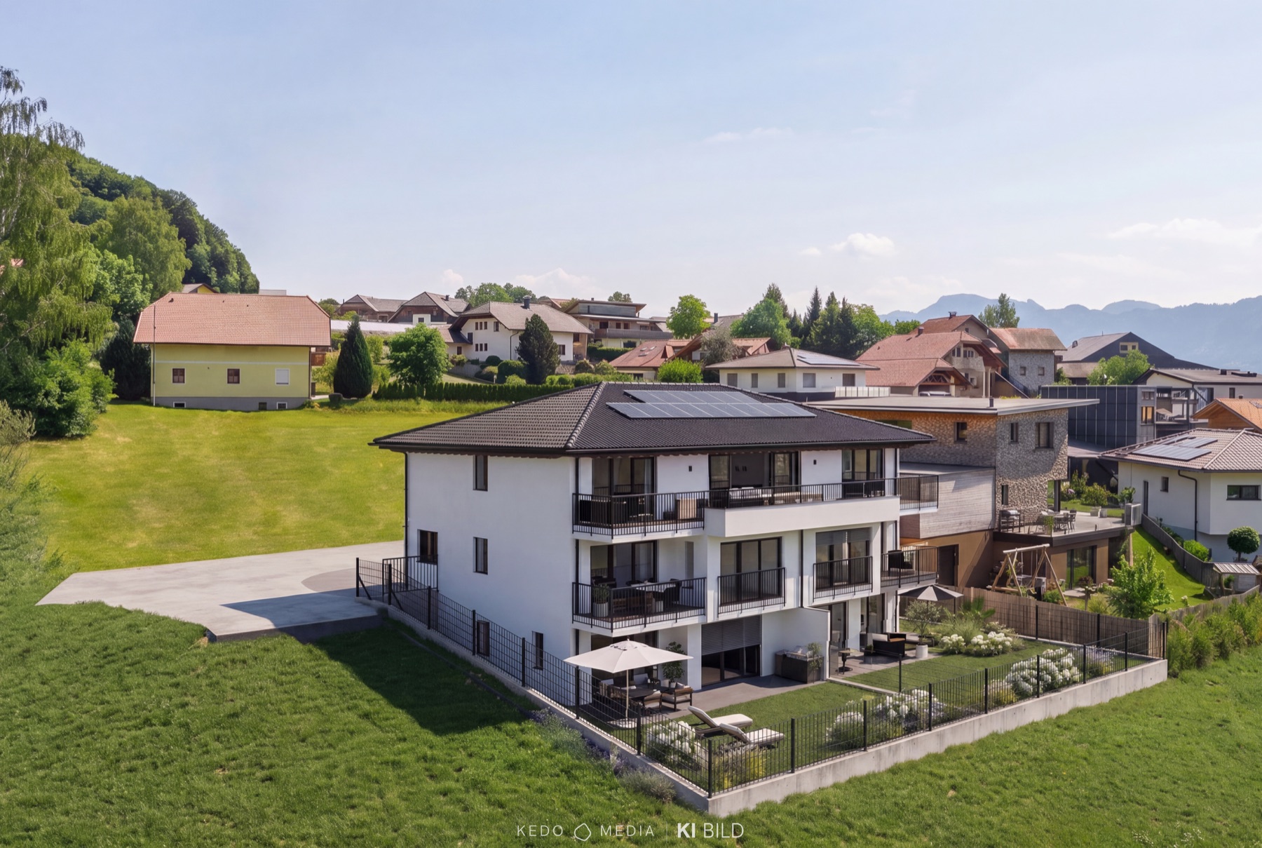 Exlberg 9, Rückansicht mit Carport und weitem Ausblick über die Hügellandschaft