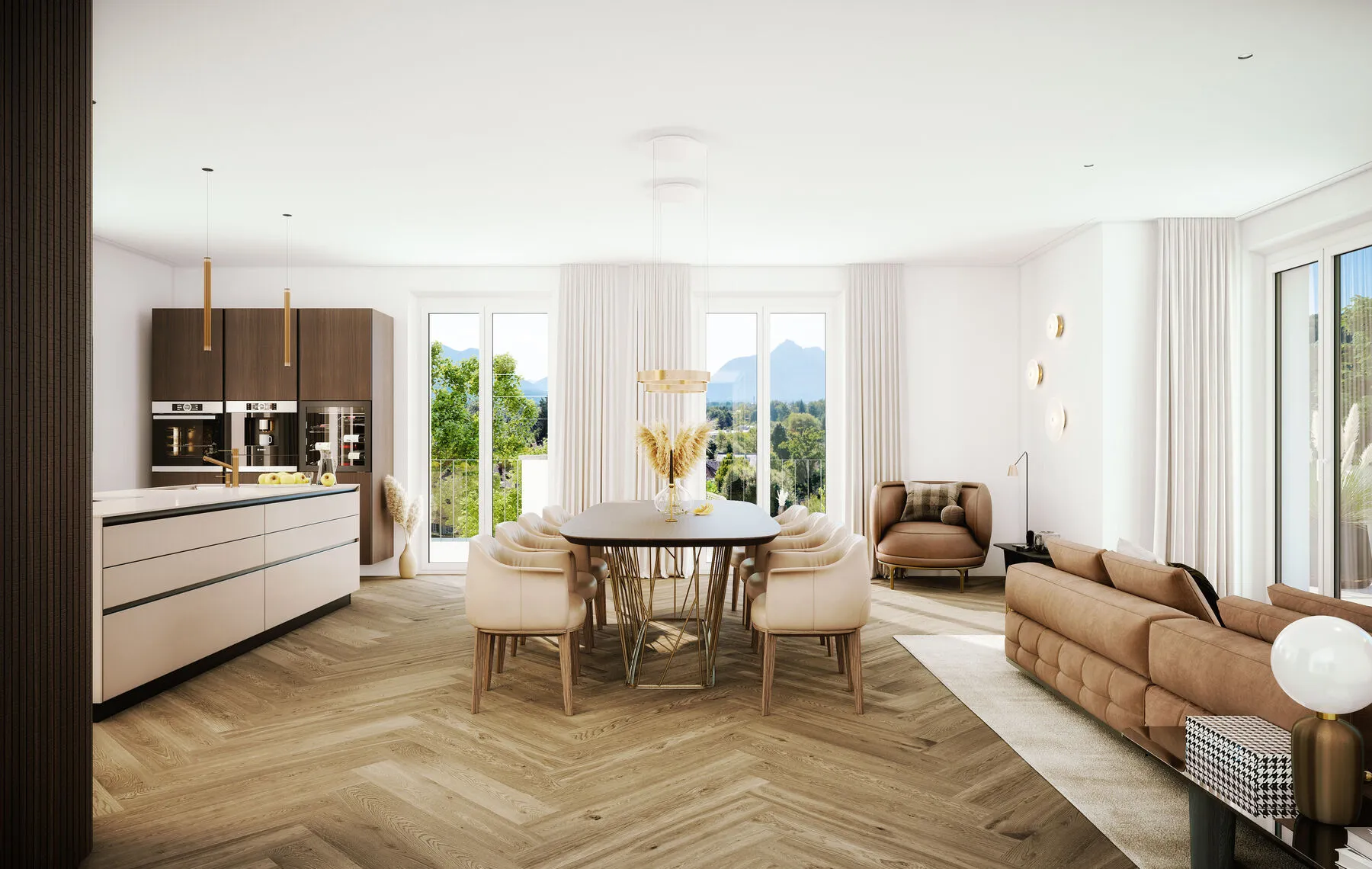 Heller Wohn- und Essbereich mit Fischgrät-Parkett, Designerküche und Blick auf die Berge