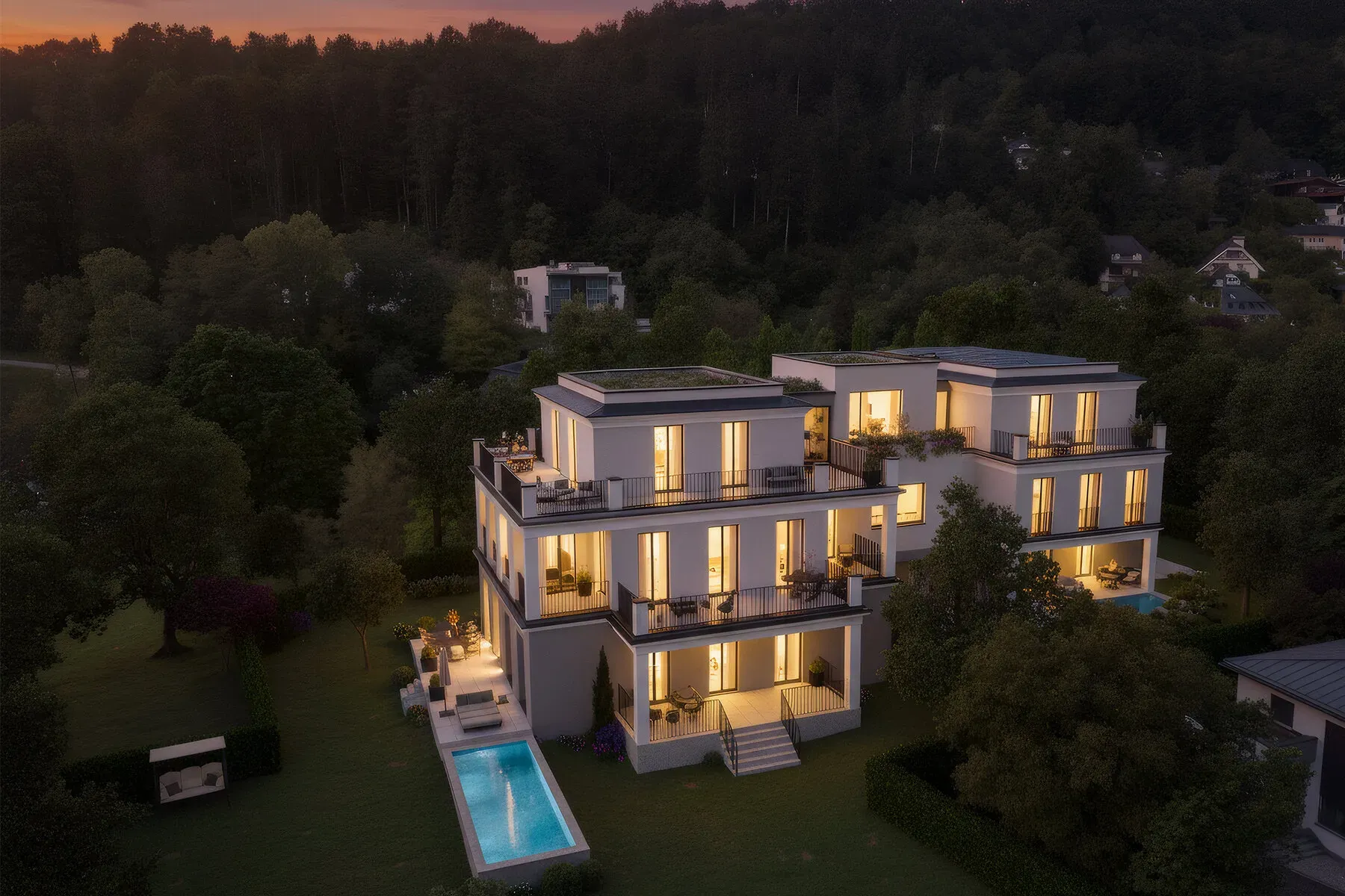 Neubau-Visualisierung bei Nacht