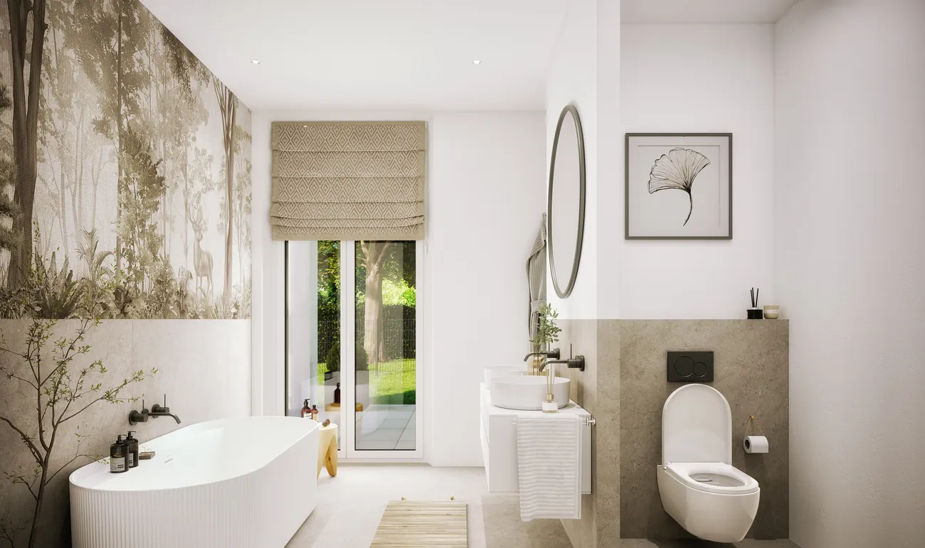 Designbad mit freistehender Badewanne und Naturstein