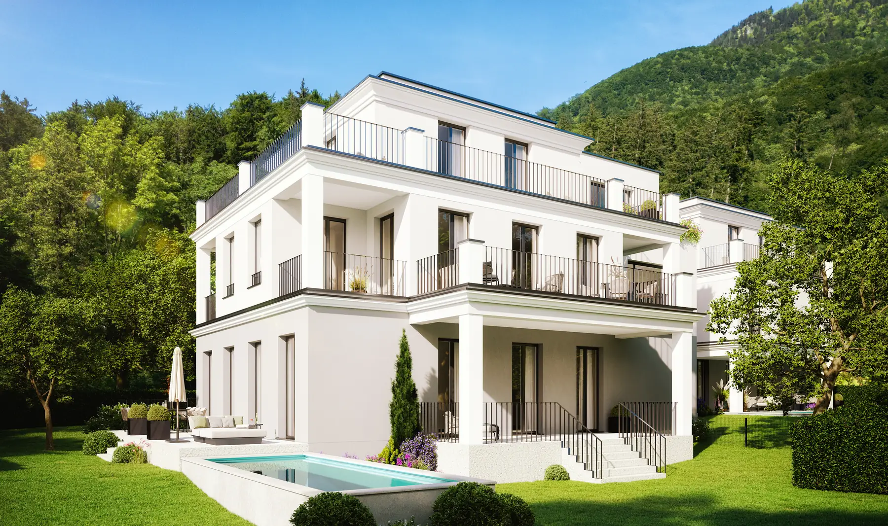 PALLADIO · Außenansicht der Villa in Salzburg-Aigen mit Garten und Pool vor dem Gaisberg