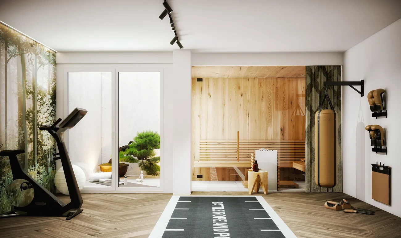 Wellnessbereich mit Sauna und Fitnessgeräten