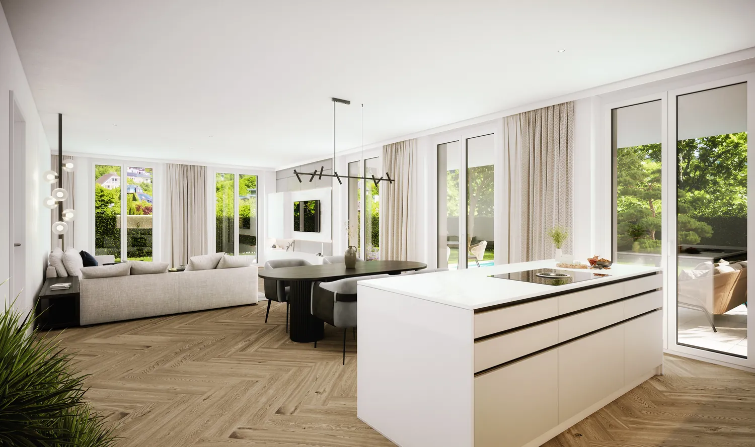 Heller Wohn- und Essbereich mit Fischgrätparkett, Designerküche und Gartenblick