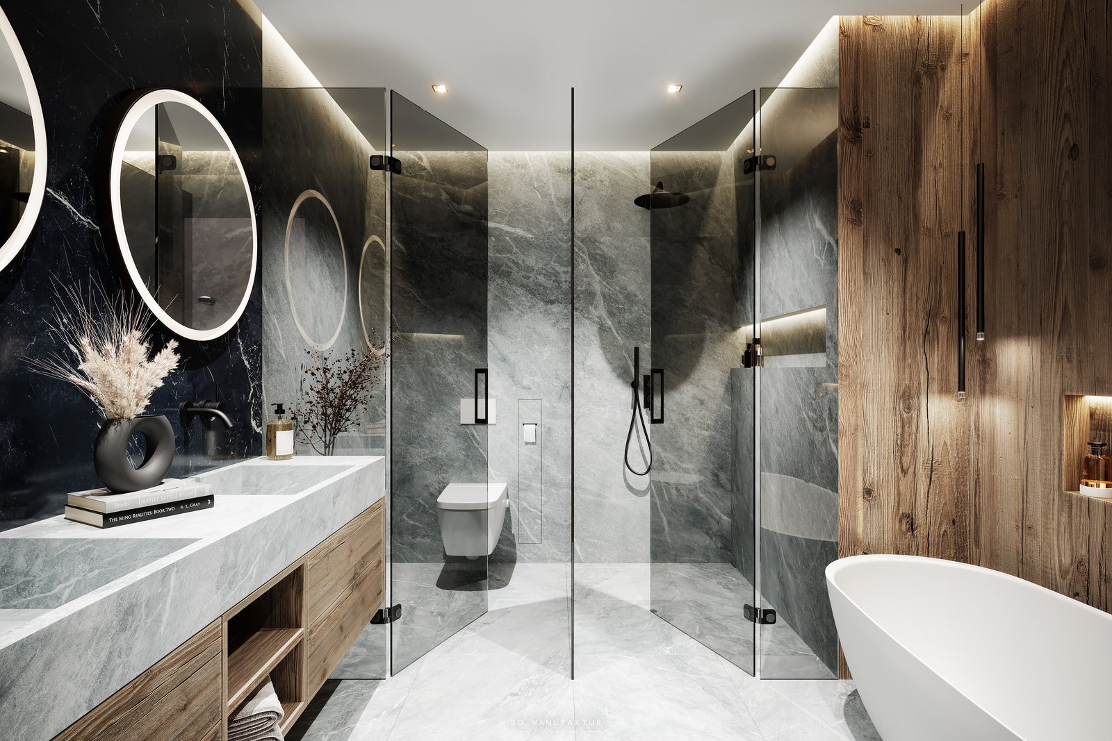 Hochwertiges Badezimmer in Naturstein und Holz