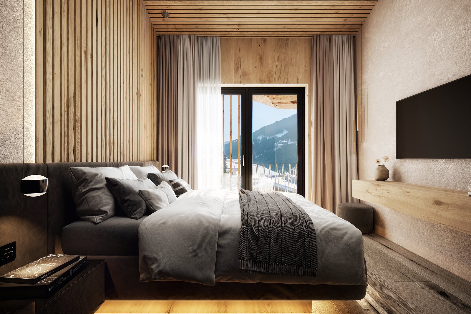 Schlafzimmer mit Holzvertäfelung