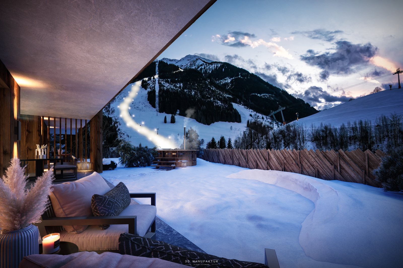 Terrasse in der Abenddämmerung mit Panoramablick