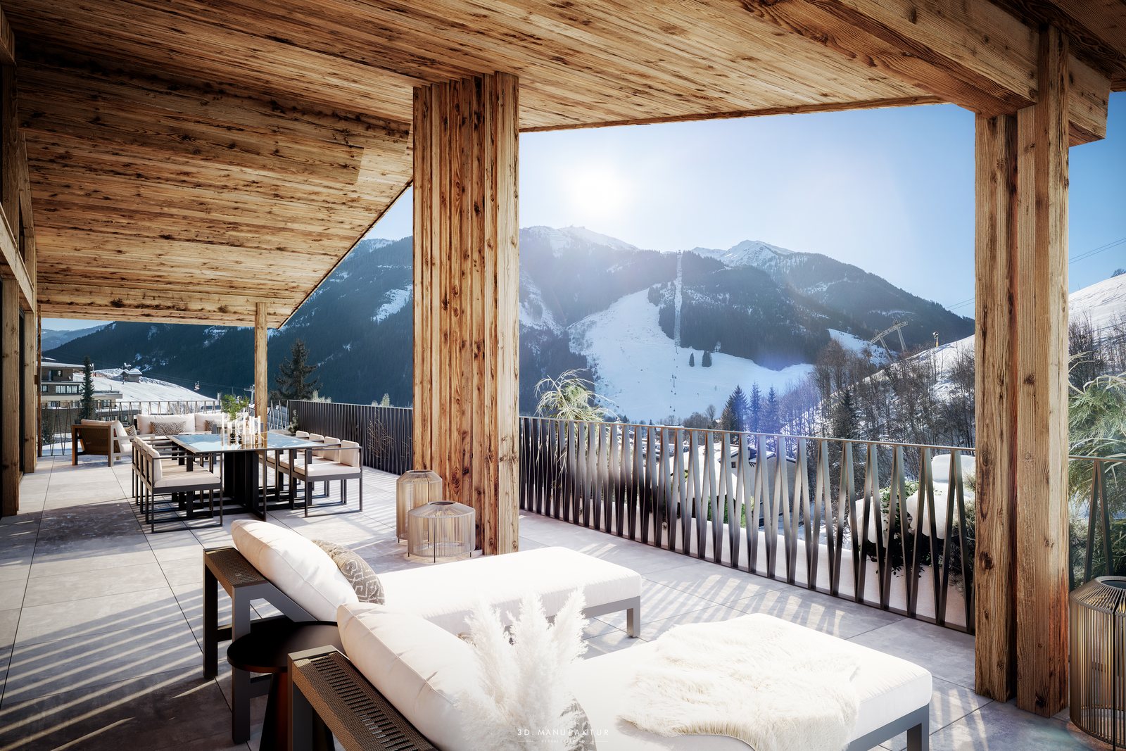 Terrasse mit Panoramablick auf das Skigebiet Saalbach